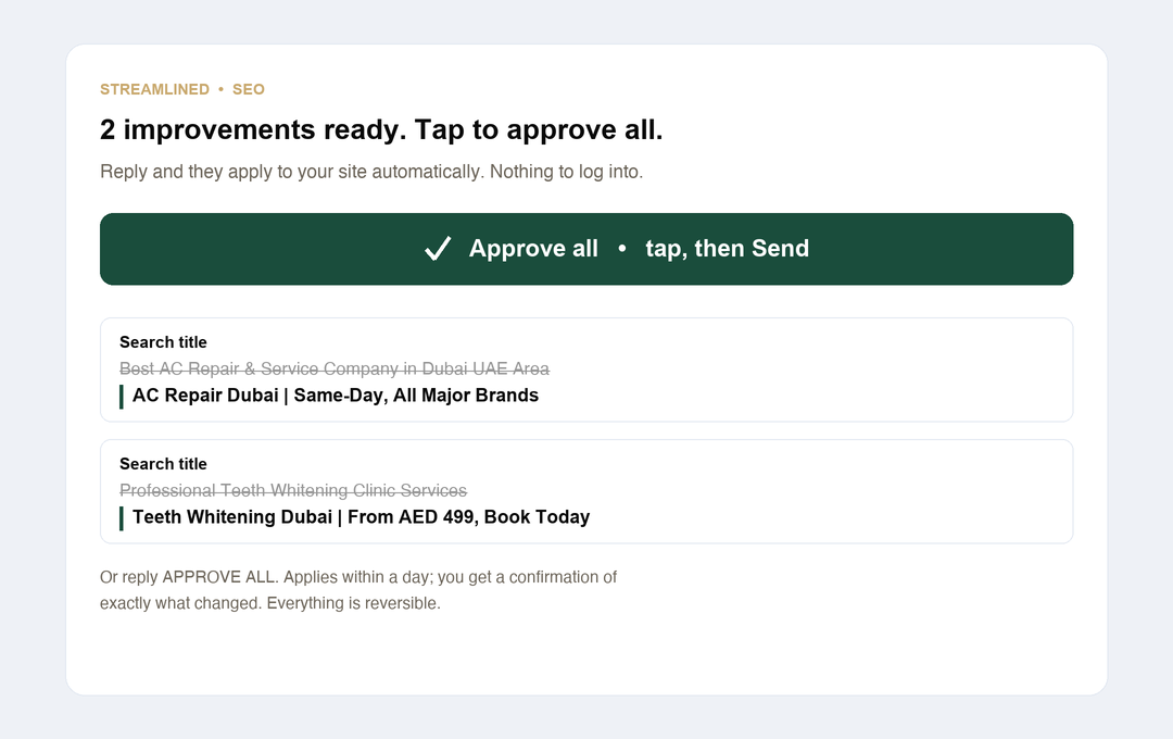 One-tap approval email showing the fixes the agent will apply